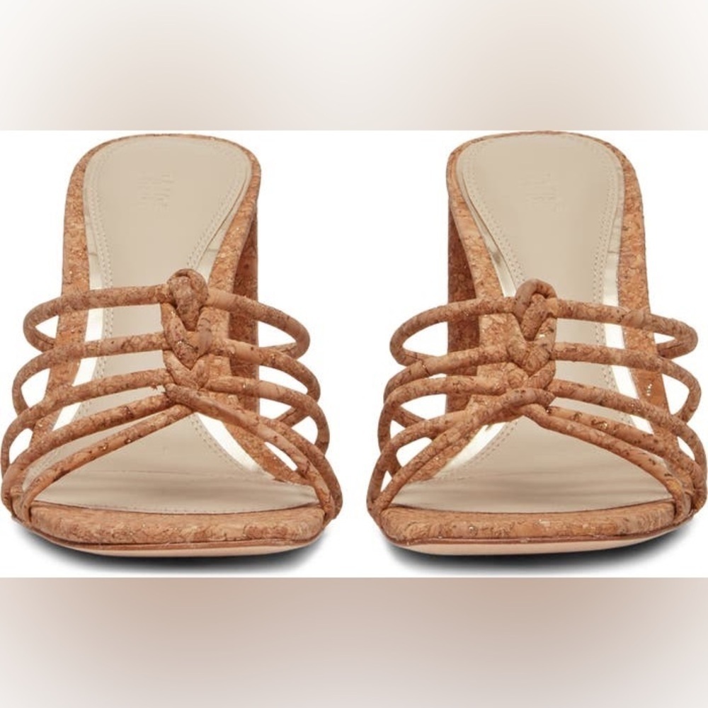 Paige Becca Block Heel Sandal Size 8 Tan Knot Strap Upper Gold Specs - Picture 3 of 14